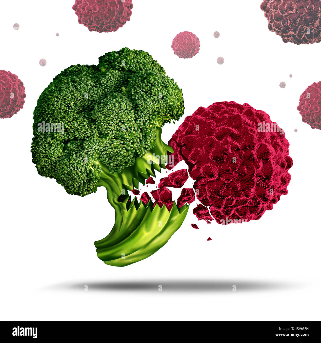 Super concetto o super simbolo di cibo come un carattere di broccoli mangiare una cellula di cancro per prevenire la malattia come un nutriente vegetale ricco di benefici per la salute umana e di vivere uno stile di vita sano da mangiare nutriente pasti medicinali. Foto Stock