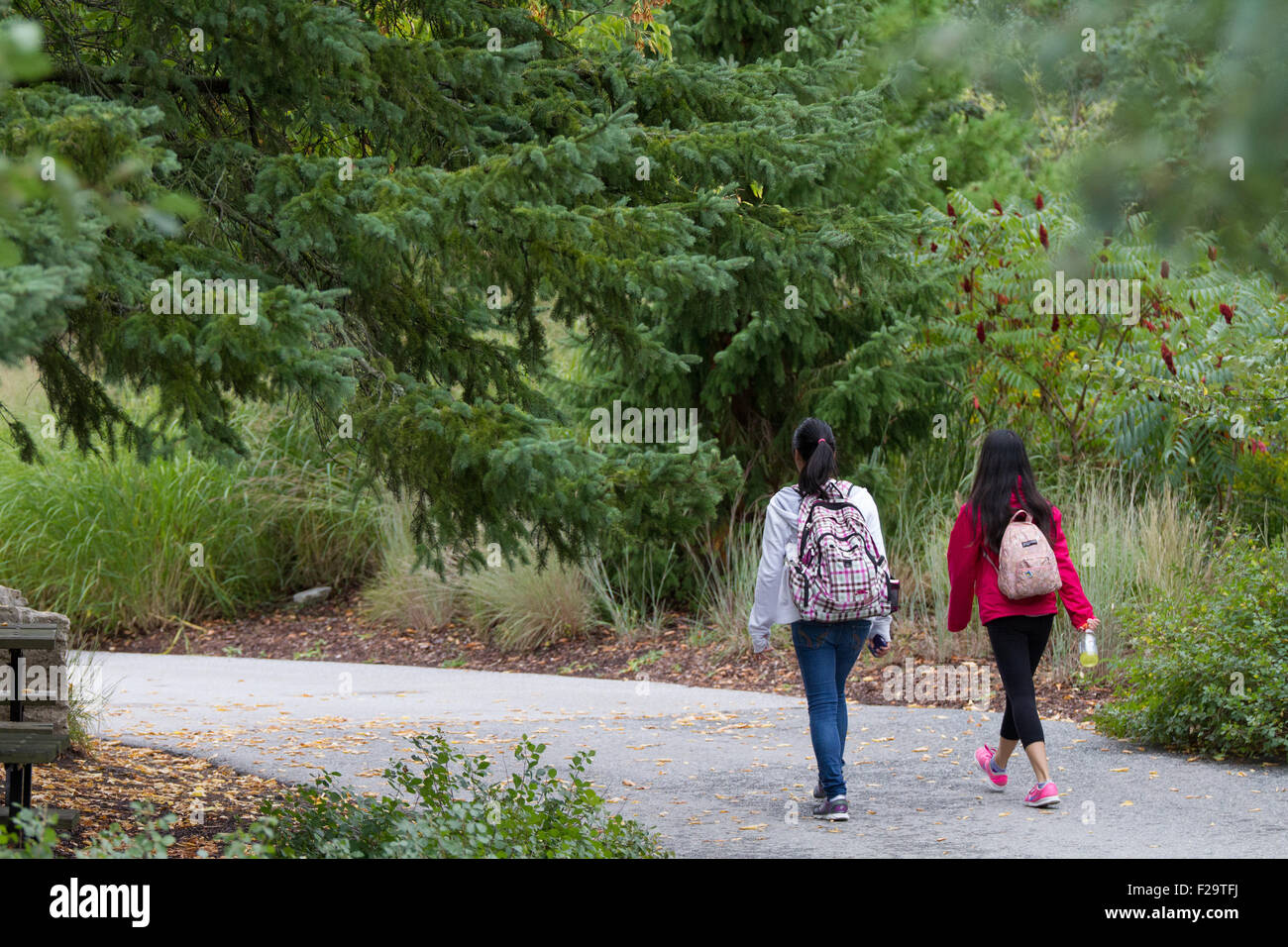 Due giovani ragazze asiatiche walking outdoor scuola di viaggio: posteriore Foto Stock