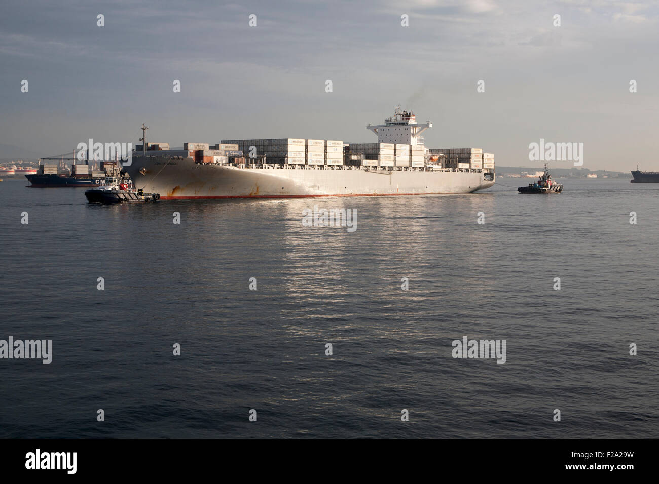 Nave container di ormeggi a largo di Gibilterra, Porto di Algeciras, Spagna Foto Stock