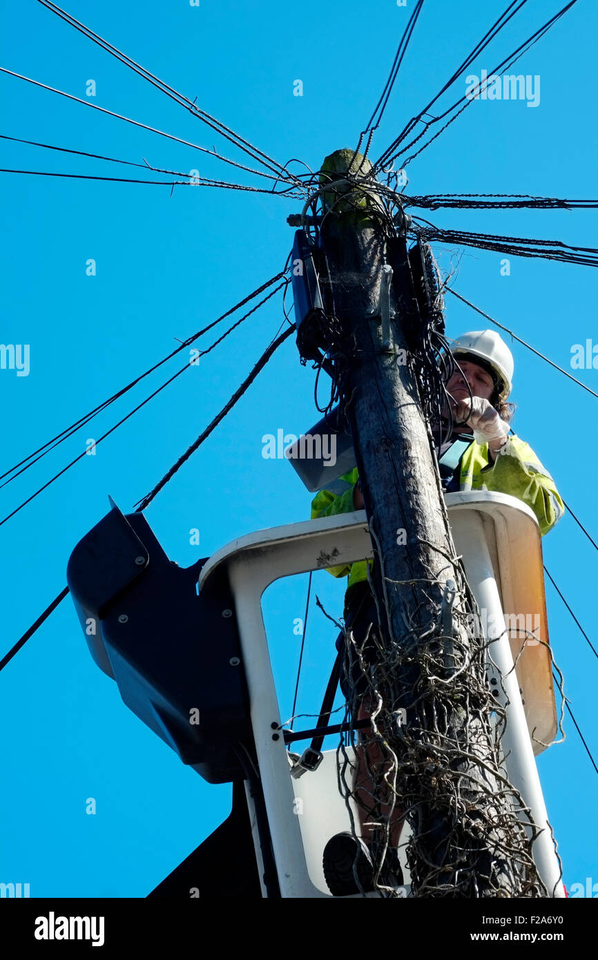 Ingegnere delle telecomunicazioni funzionante alla sommità di un palo telefonico Inghilterra Regno Unito Foto Stock