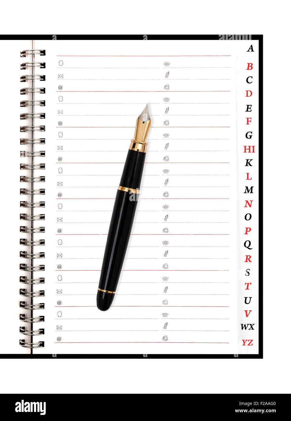 Rubrica telefonica con penna stilografica isolati su sfondo bianco Foto Stock