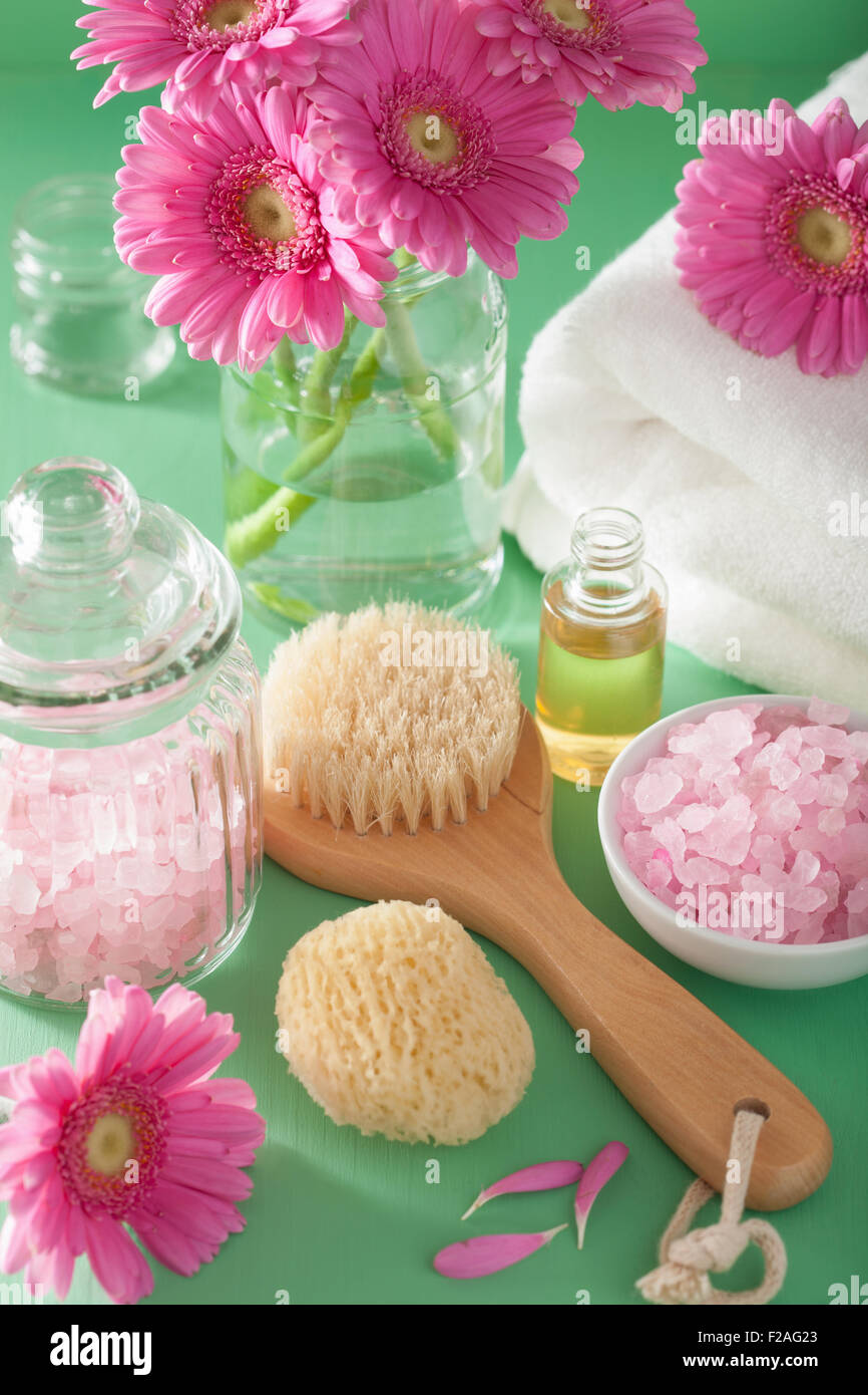 Aromaterapia spa con fiori di gerbera olio essenziale spazzola Foto Stock
