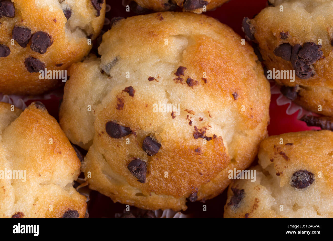 Una vista ravvicinata di pane appena sfornato piccoli chocolate chip muffin. Foto Stock