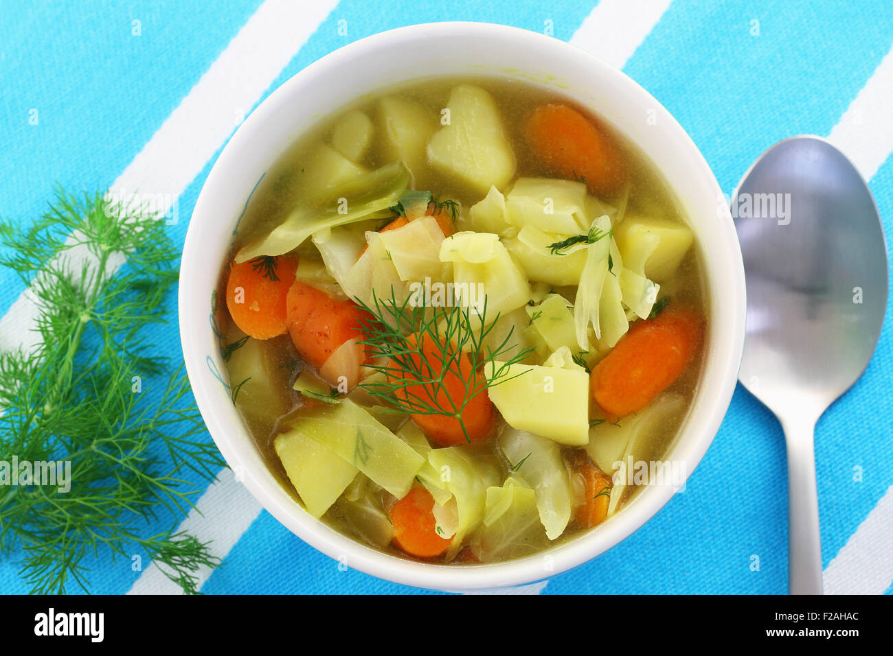 La zuppa di cavolo guarnito con aneto fresco nella ciotola sul panno a scacchi Foto Stock