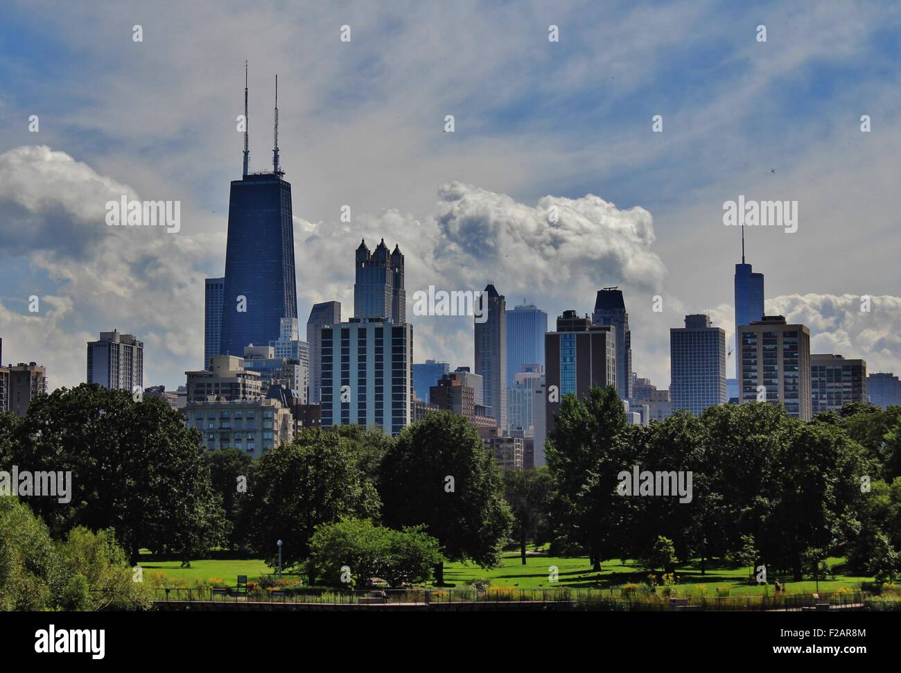 Questo è l'orizzonte del Chicago come osservato da una zona a parco appena a sud del Lincoln Park Zoo sul lato nord, estate 2015. Foto Stock