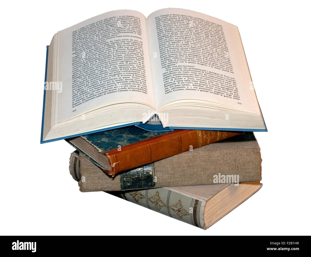 Libro aperto isolata su uno sfondo bianco Foto Stock