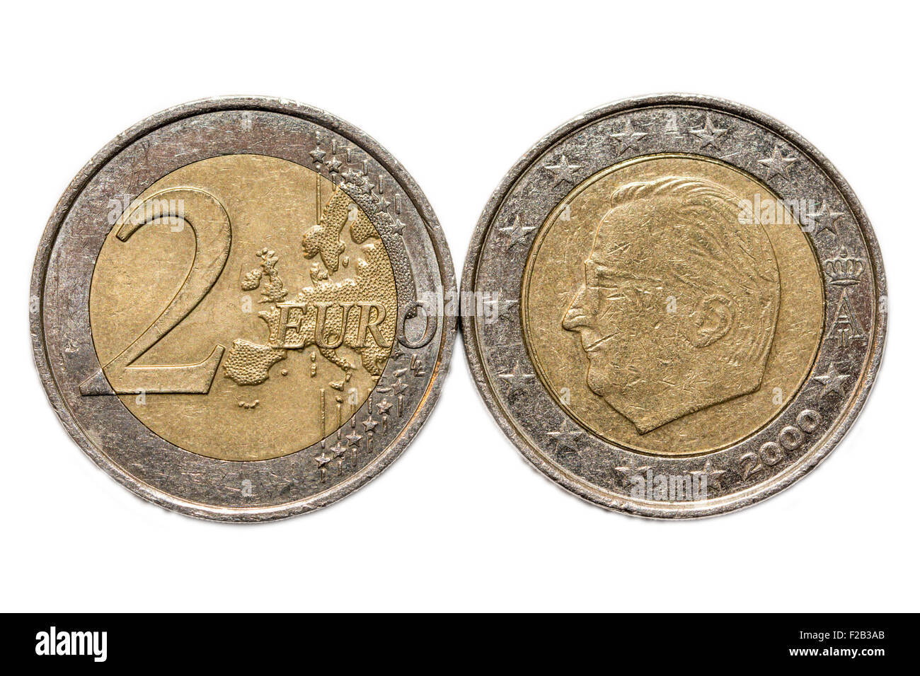 Testa o Croce si decide le monete da un euro isolati su sfondo bianco Foto Stock