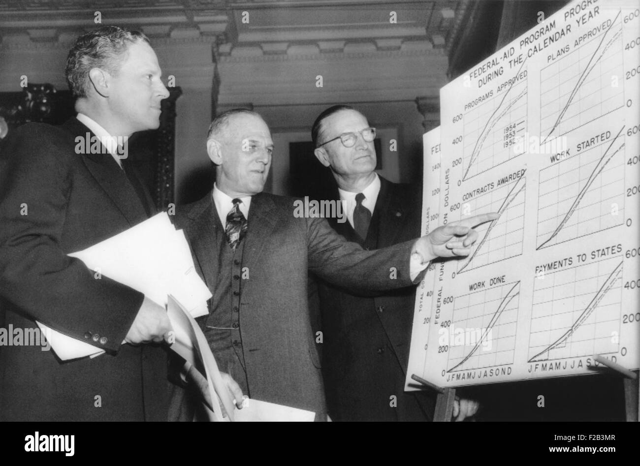 Senato Opere Pubbliche audizioni del sottocomitato su Pres. Eisenhower la strada interstatale programma di costruzione. Il programma è apparso a capo per accidentato andando come alcuni democratici chiave spingere per proprio conto. A sinistra è il Sen. Albert Gore (D. Tennessee), il sottocomitato del presidente che è il principale autore del disegno di legge di favorita dai democratici. Nel centro è Felix V. DuPont (centro), consulente speciale per il commercio Sec. Settimane e C.D. Curtis, Commissario delle strade (a destra). - (CSU 2015 5 56) Foto Stock