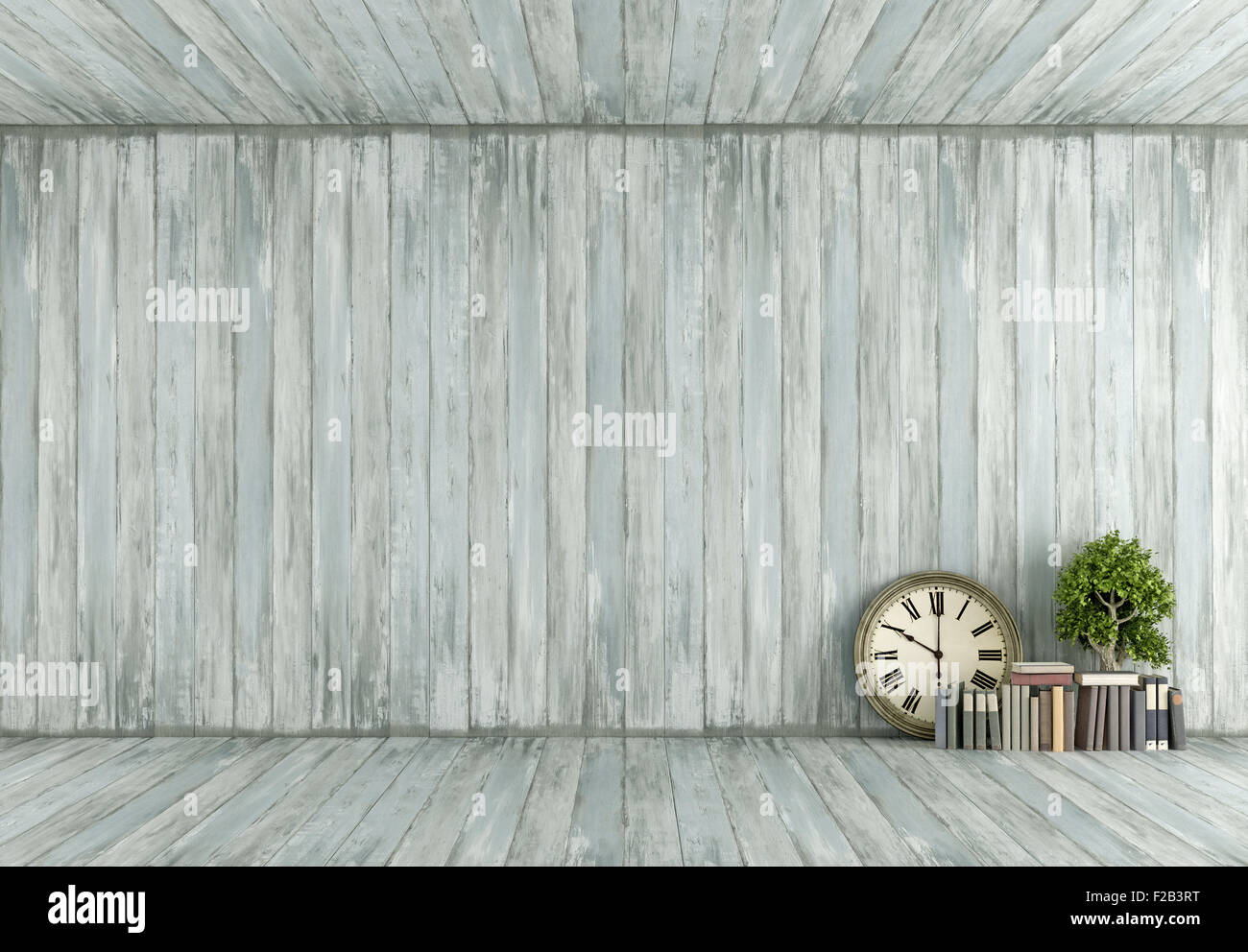 Vecchia sala in legno con gli oggetti vintage sul pavimento - il rendering 3D Foto Stock