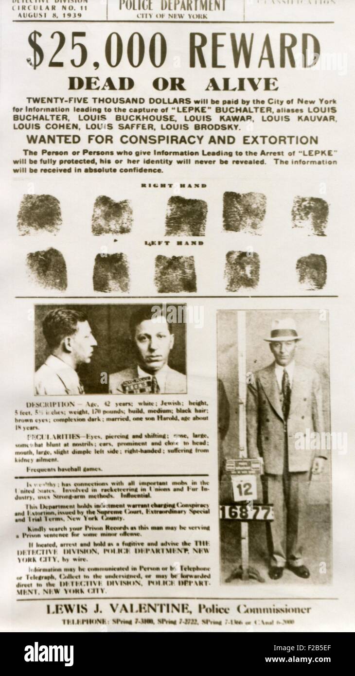 Manifesto Wanted con mugshots Louis "" Lepke Buchalter, ebraica il gangster americano. Agosto 9, 1949. - (BSLOC 2014 17 190) Foto Stock