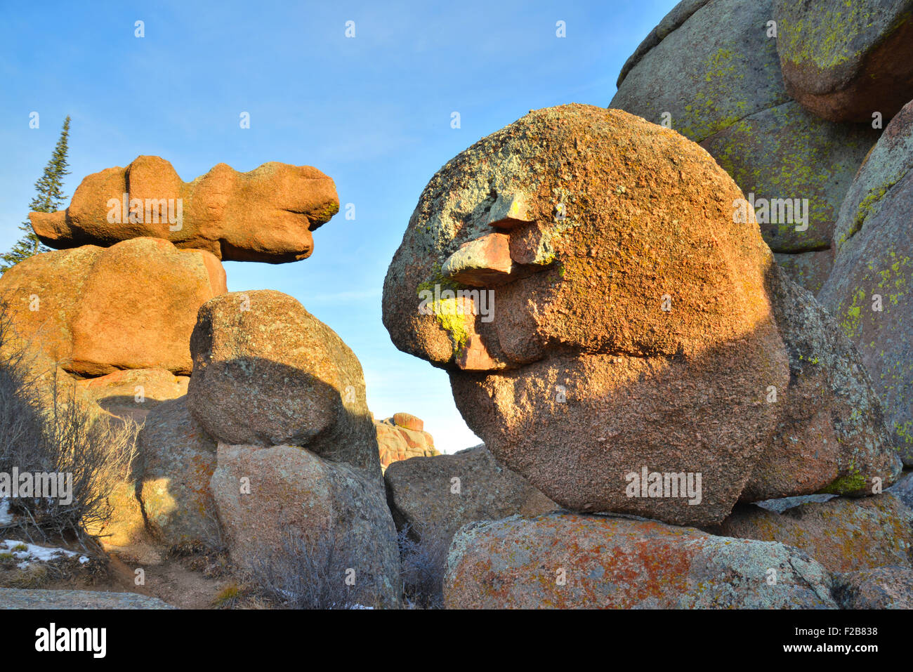 Rocce Vedauwoo Recreation Area in Medicine Bow National Forest lungo la Interstate 80 vicino a Laramie, Wyoming. Foto Stock