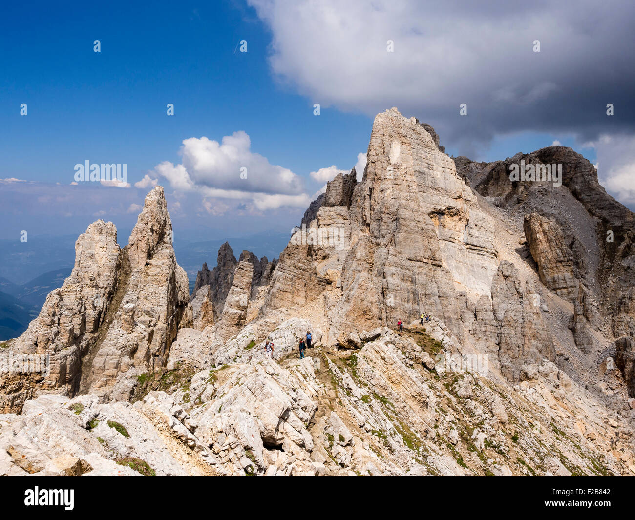 Il Pisa formazione di roccia, Latemar montain group, vicino rifugio Torre di Pisa, Dolomiti, Italia Foto Stock