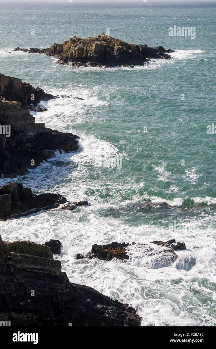 Onde che si infrangono sulle rocce della costa vicino a St Davids in Pembrokeshire su una soleggiata giornata di primavera. Foto Stock