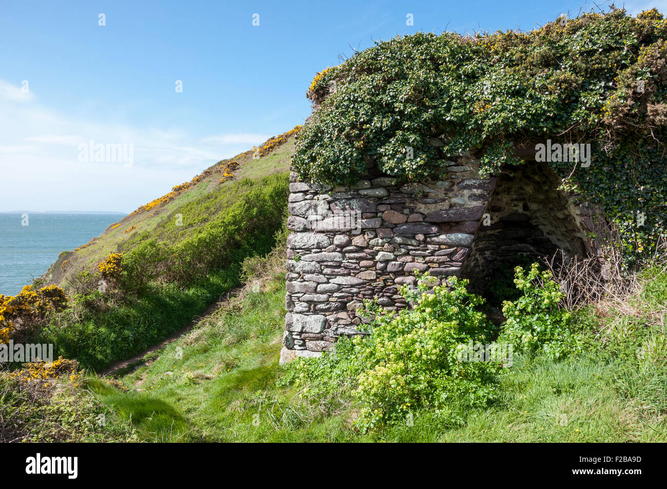 Una vecchia fornace di calce sulla via costiera a Caer Bwdy bay in Pembrokeshire, West Wales. Una soleggiata giornata di primavera. Foto Stock