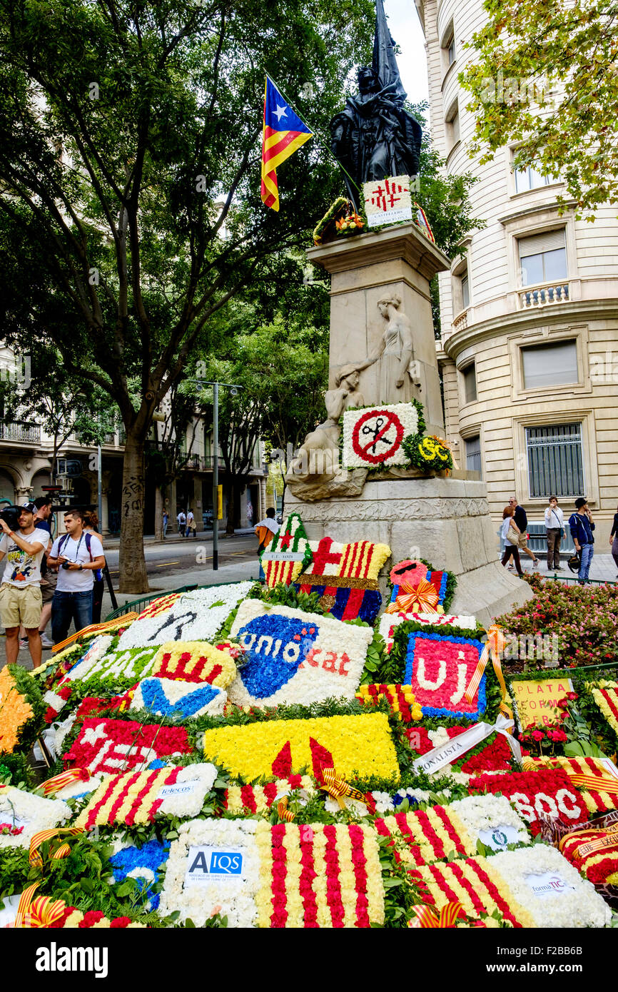 Fiori prevista in corrispondenza di un memoriale di guerra sul catalano Giornata Nazionale (Diada) 11 settembre 2015 Foto Stock