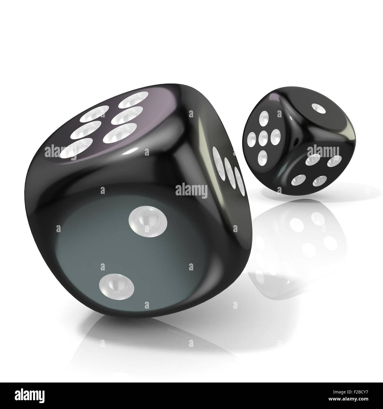 Due nero gioco dadi. 3D render illustrazione isolati su sfondo bianco Foto Stock