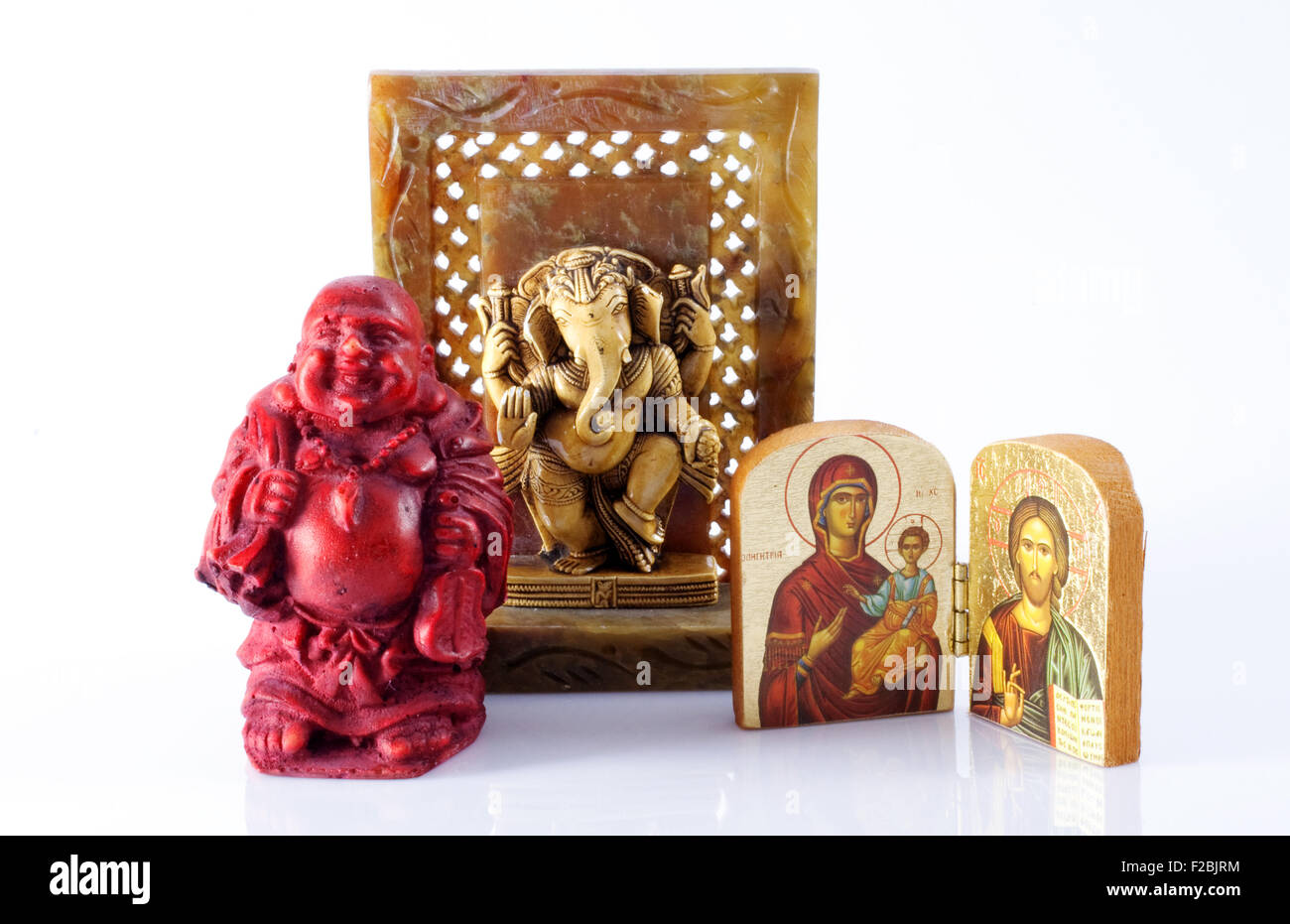 Buddha, Shiva, Gesù e la Vergine Maria le icone su bianco Foto Stock