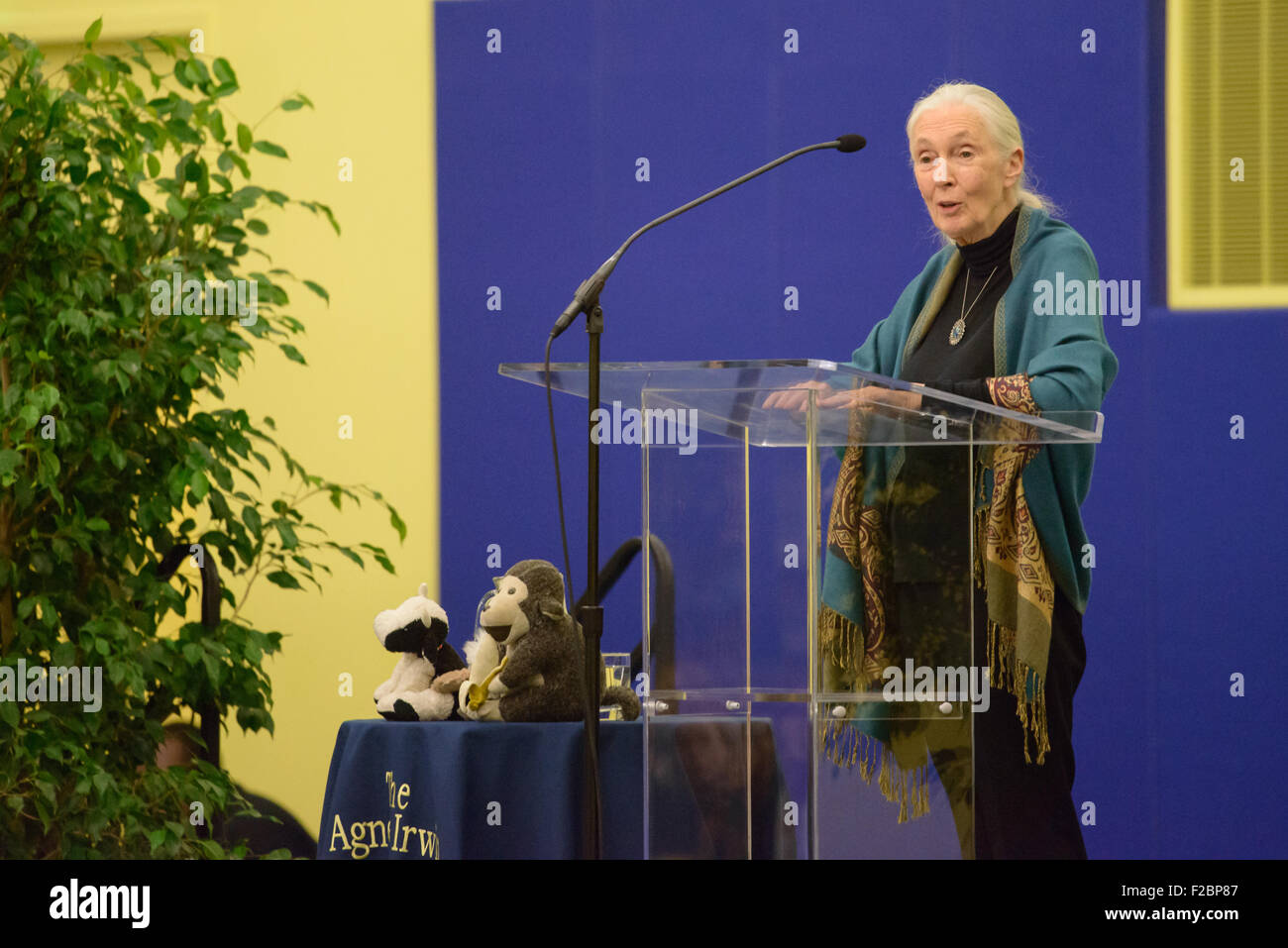 Rosemont, Pennsylvania, USA. Xv Sep, 2015. dr. Jane Goodall, DBE, uno del mondo più rinomato conservazionisti, offrendo una lezione, "a causa della semi di speranza", circa il suo innovativo lavoro studiando gli scimpanzé allo stato selvatico e il suo impegno di lunga data per proteggere l'ambiente all'Agnese irwin scuola. Credito: kelleher fotografia/alamy live news Foto Stock