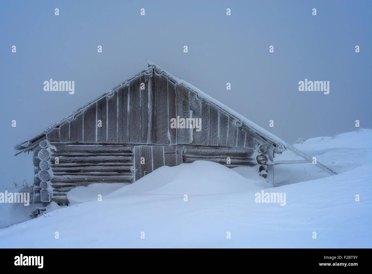 Casa in legno nella foresta di inverno Foto Stock