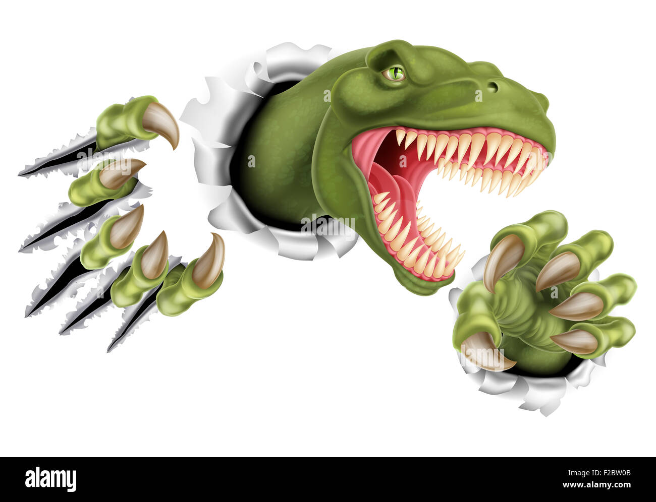 Un T Rex Tyrannosaurus Rex dinosauro graffiare, rip e lacerazione attraverso la parete con i suoi artigli Foto Stock