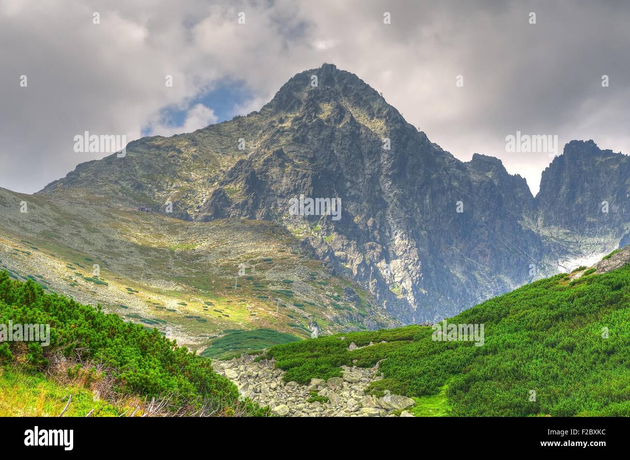 Estate paesaggio di montagna. Vista su Lomnicky Stit picco in Alti Tatra, Slovacchia. Foto Stock