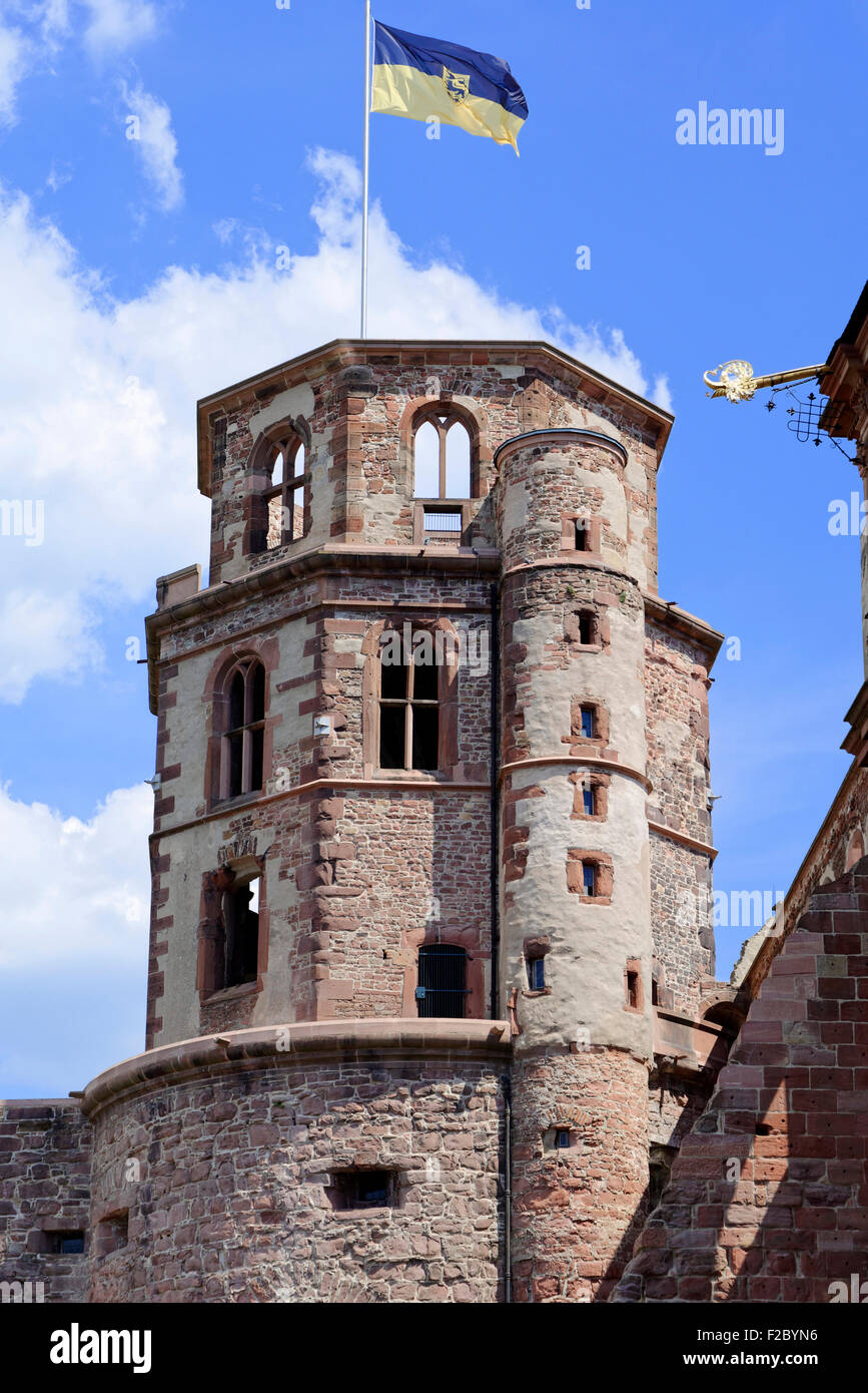 La torre del castello di Heidelberg, Heidelberg, Baden-Württemberg, Germania Foto Stock