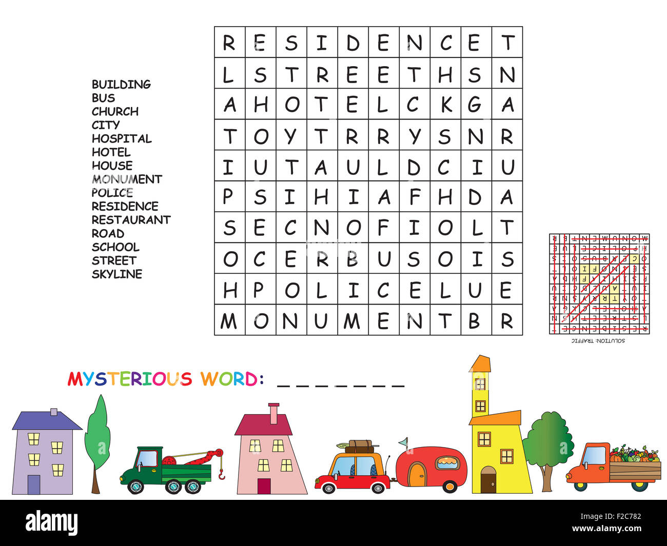Gioco per bambini : Trovare tutte le parole (orizzontale, verticale e diagonale). Utilizzare le lettere restanti per trovare la parola misteriosa Foto Stock