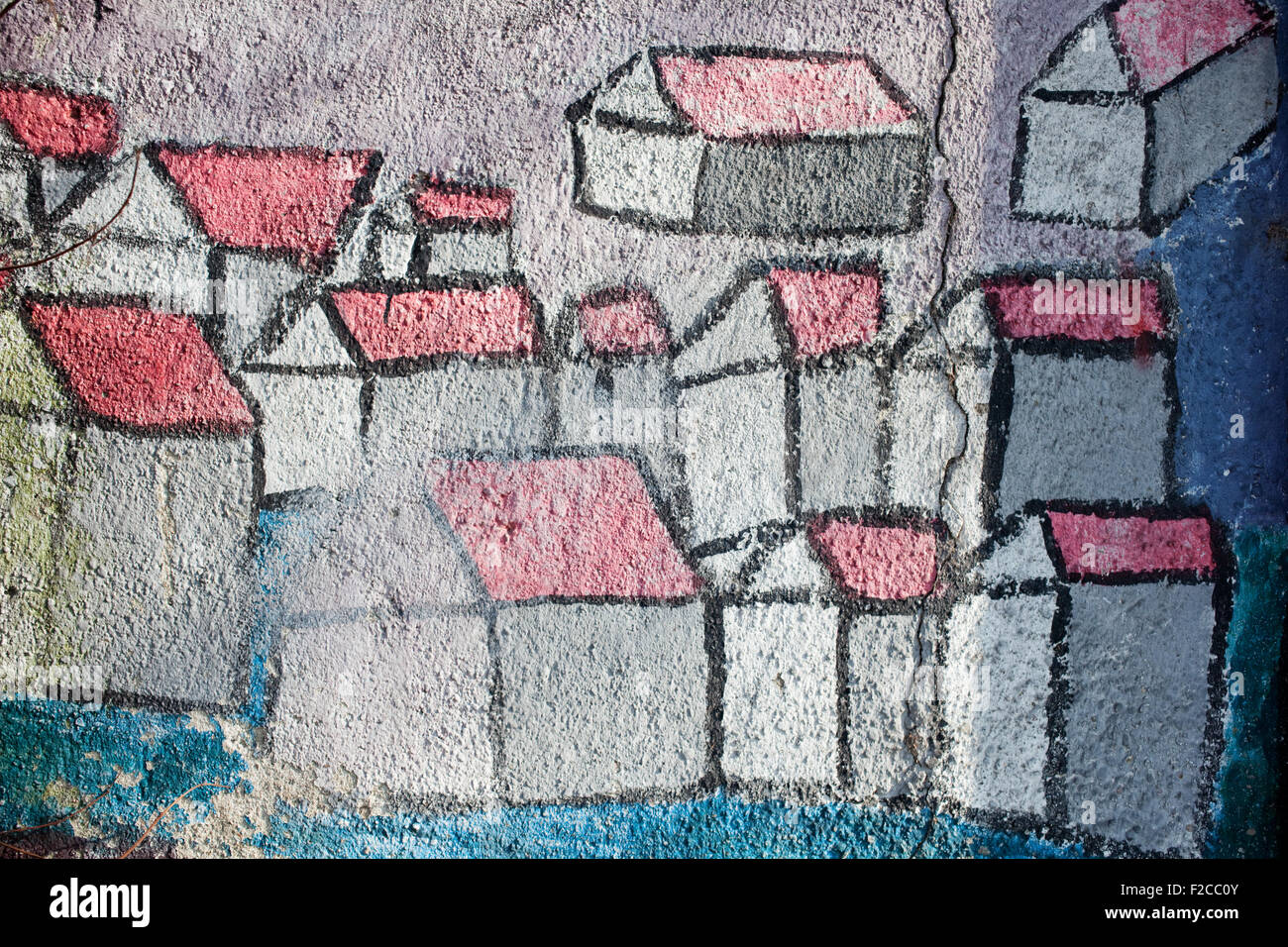 Graffiti, case stilizzata dipinto sul muro Foto Stock