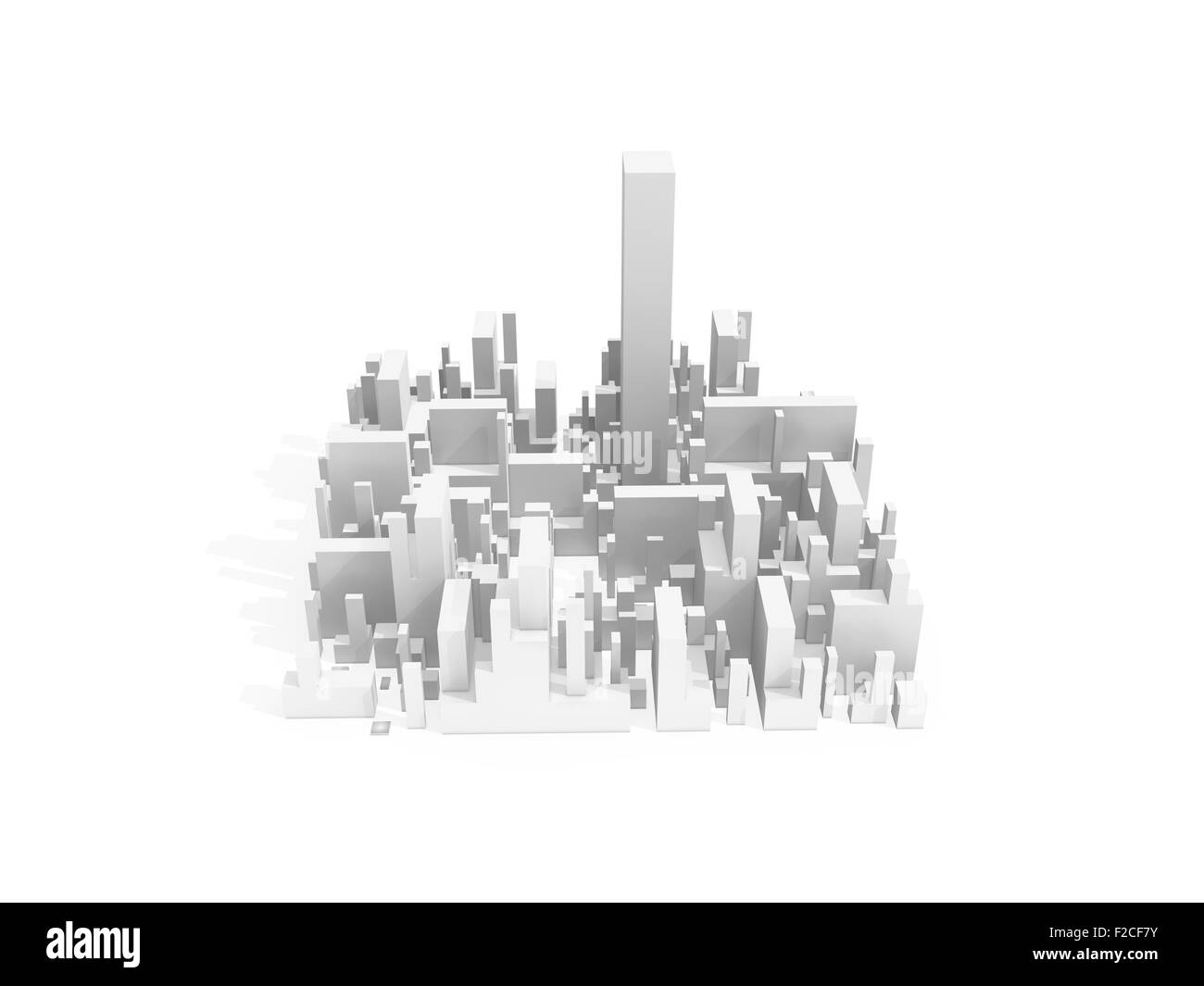 Schema astratto bianco 3d cityscape trimestre con uno il grattacielo più alto isolato su bianco Foto Stock