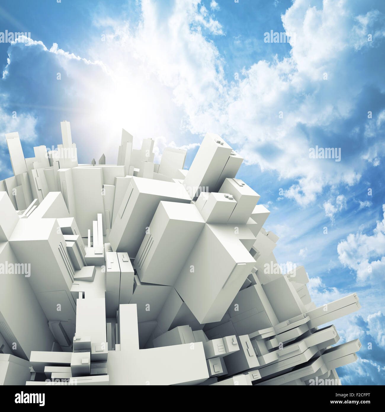 Abstract rotondo digitale oggetto con superficie caotica fatta di scatole, 3D render oltre il cielo blu sullo sfondo Foto Stock