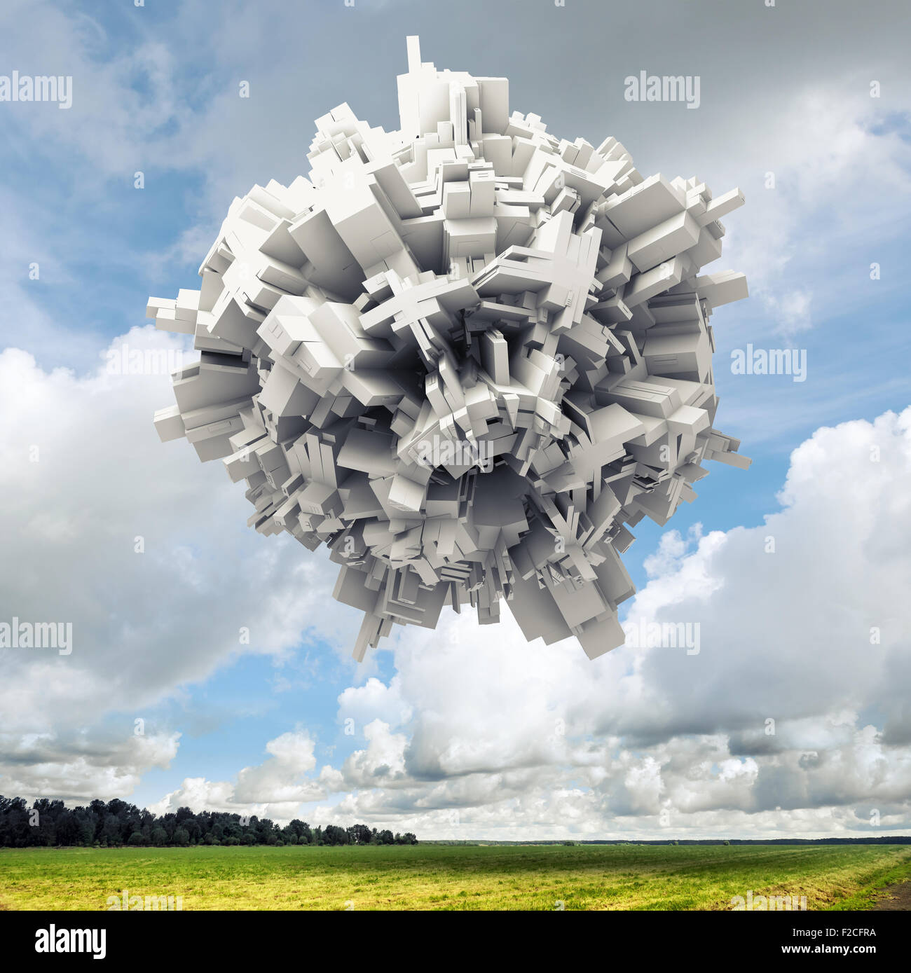 Abstract digitali 3D oggetto sferico con caotica superficie estrusa volando sul campo verde Foto Stock