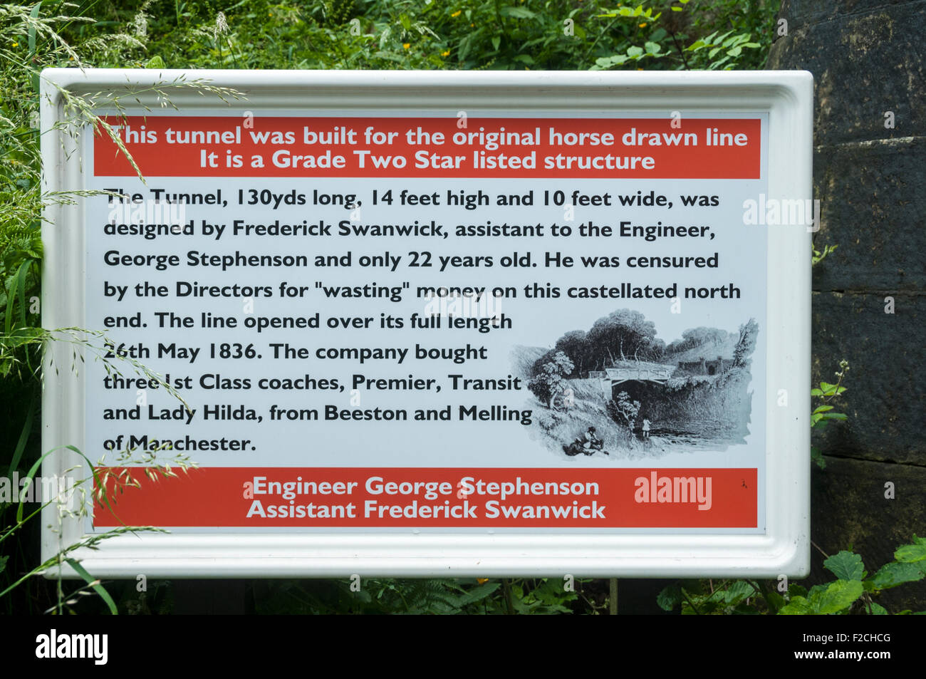 Segno di informazioni circa il tunnel costruito da George Stephenson in 1833-5, a Grosmont sul NYMR, nello Yorkshire, Inghilterra, Regno Unito Foto Stock