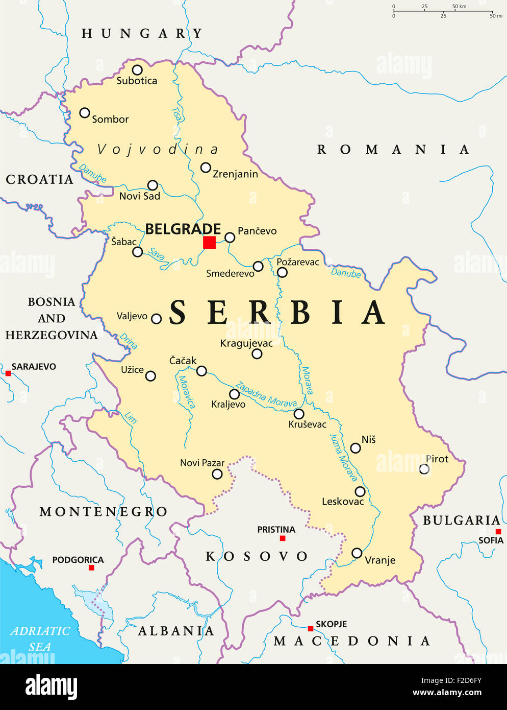 La Serbia mappa politico con capitale Belgrado, i confini nazionali