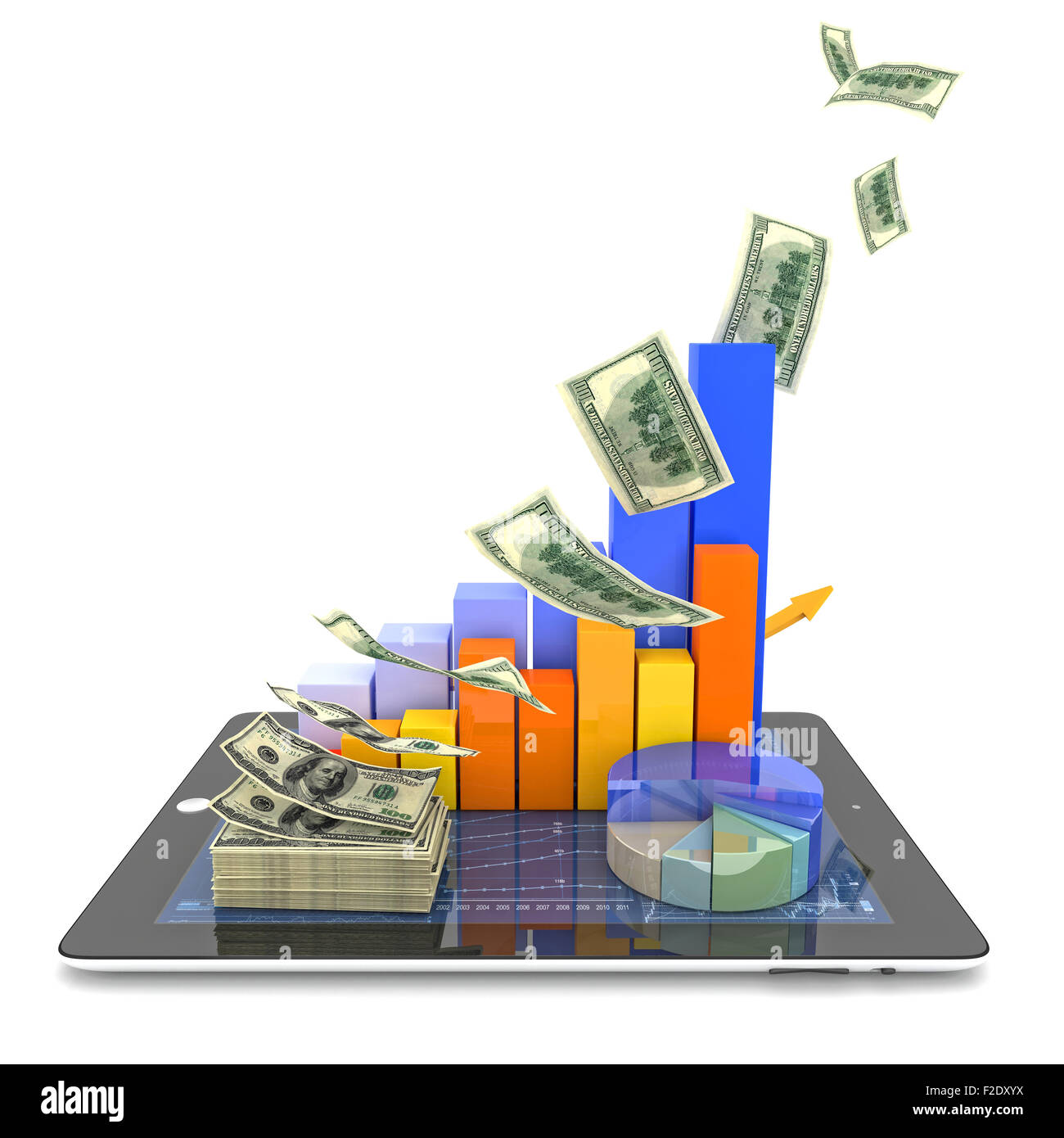 Immagine 3d di tablet denaro e grafico finanziario Foto Stock
