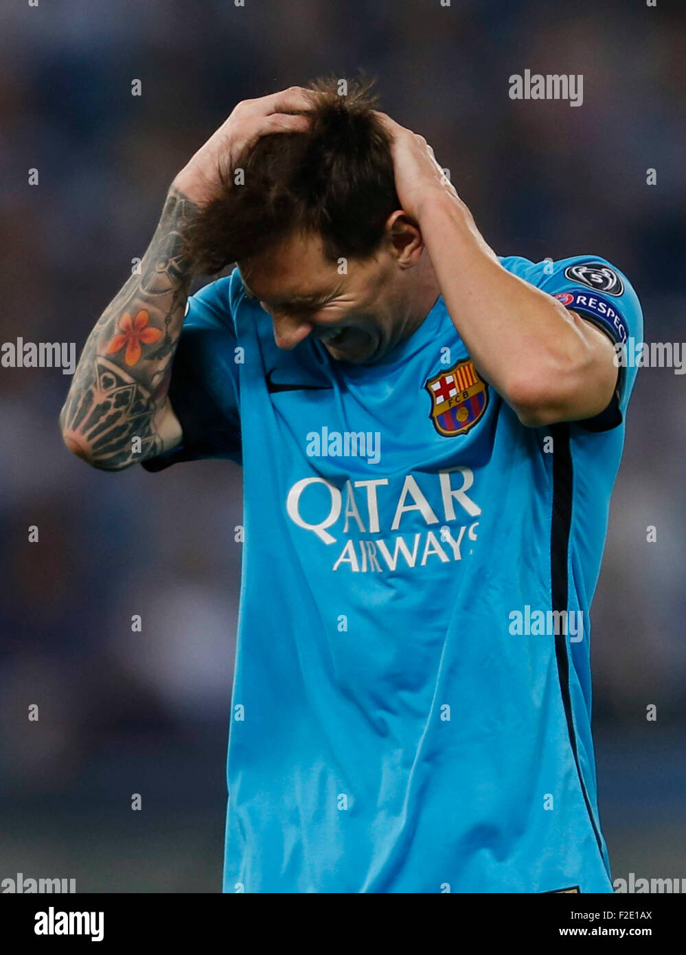 Roma, Italia. Xvi Sep, 2015. Barcellona di Lionel Messi reagisce durante la Champions League Gruppo E partita di calcio contro la Roma nello Stadio Olimpico di Roma 16 Settembre 2015 Credit: agnfoto/Alamy Live News Foto Stock