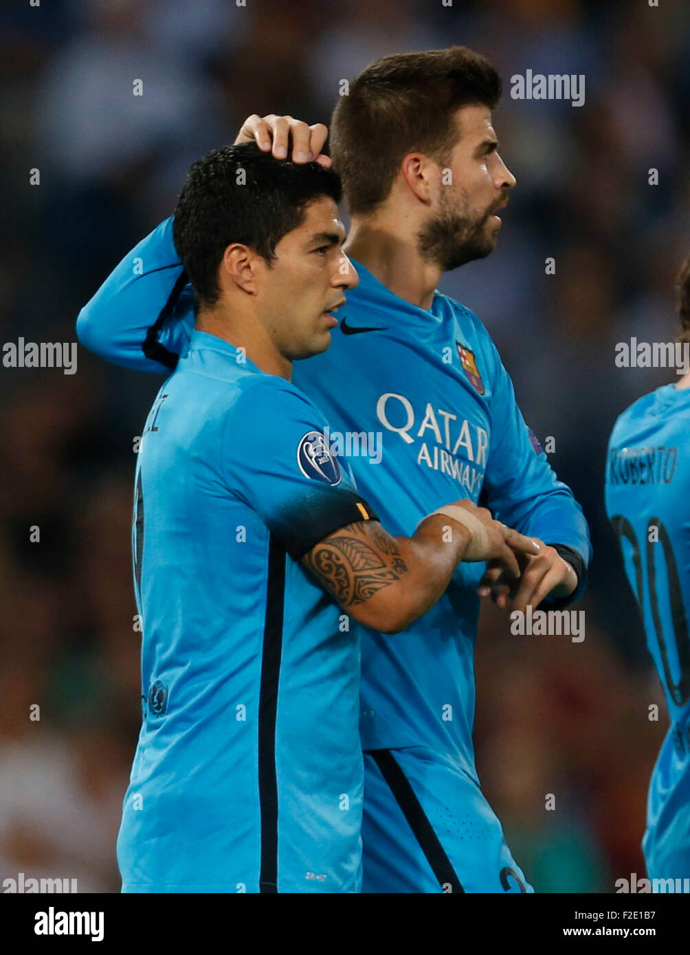 Roma, Italia. Xvi Sep, 2015. Barcellona Luis Suarez celebra dopo rigature durante la Champions League Gruppo E partita di calcio contro la Roma nello Stadio Olimpico di Roma 16 Settembre 2015 Credit: agnfoto/Alamy Live News Foto Stock