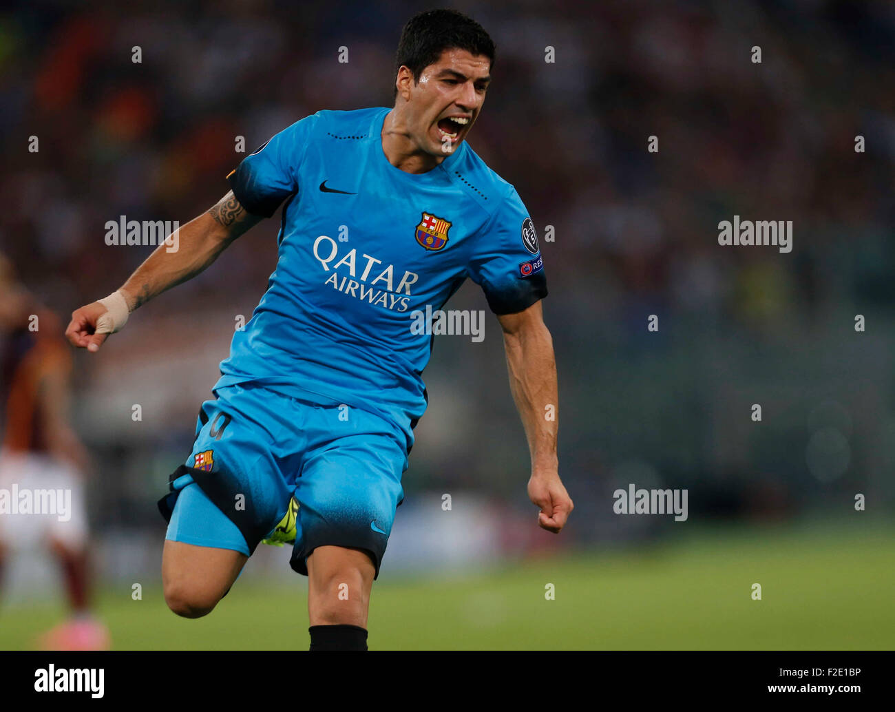 Roma, Italia. Xvi Sep, 2015. Barcellona Luis Suarez reagisce durante la Champions League Gruppo E partita di calcio contro la Roma nello Stadio Olimpico di Roma 16 Settembre 2015 Credit: agnfoto/Alamy Live News Foto Stock