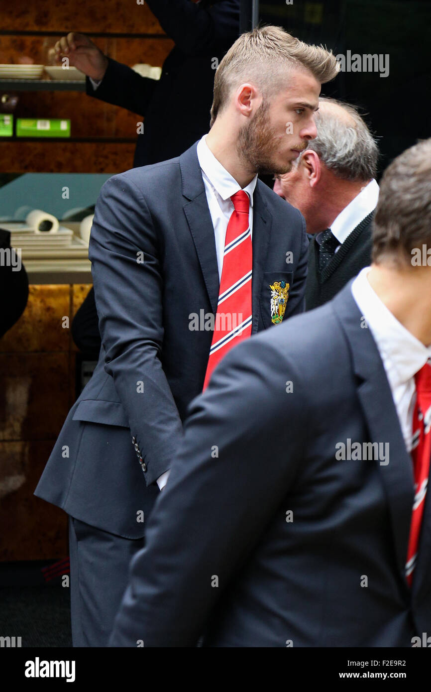 Il Manchester United David de Gea arriva all'aeroporto di Manchester. Foto Stock