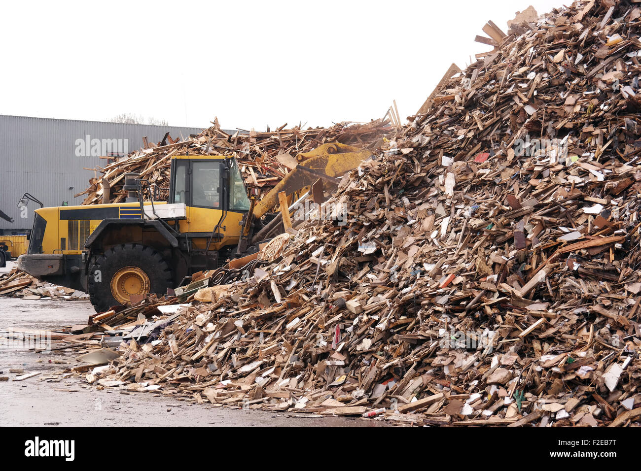 La pala si accumulano un mucchio di schegge di legno per uso come una biomassa combustibile solido. Foto Stock