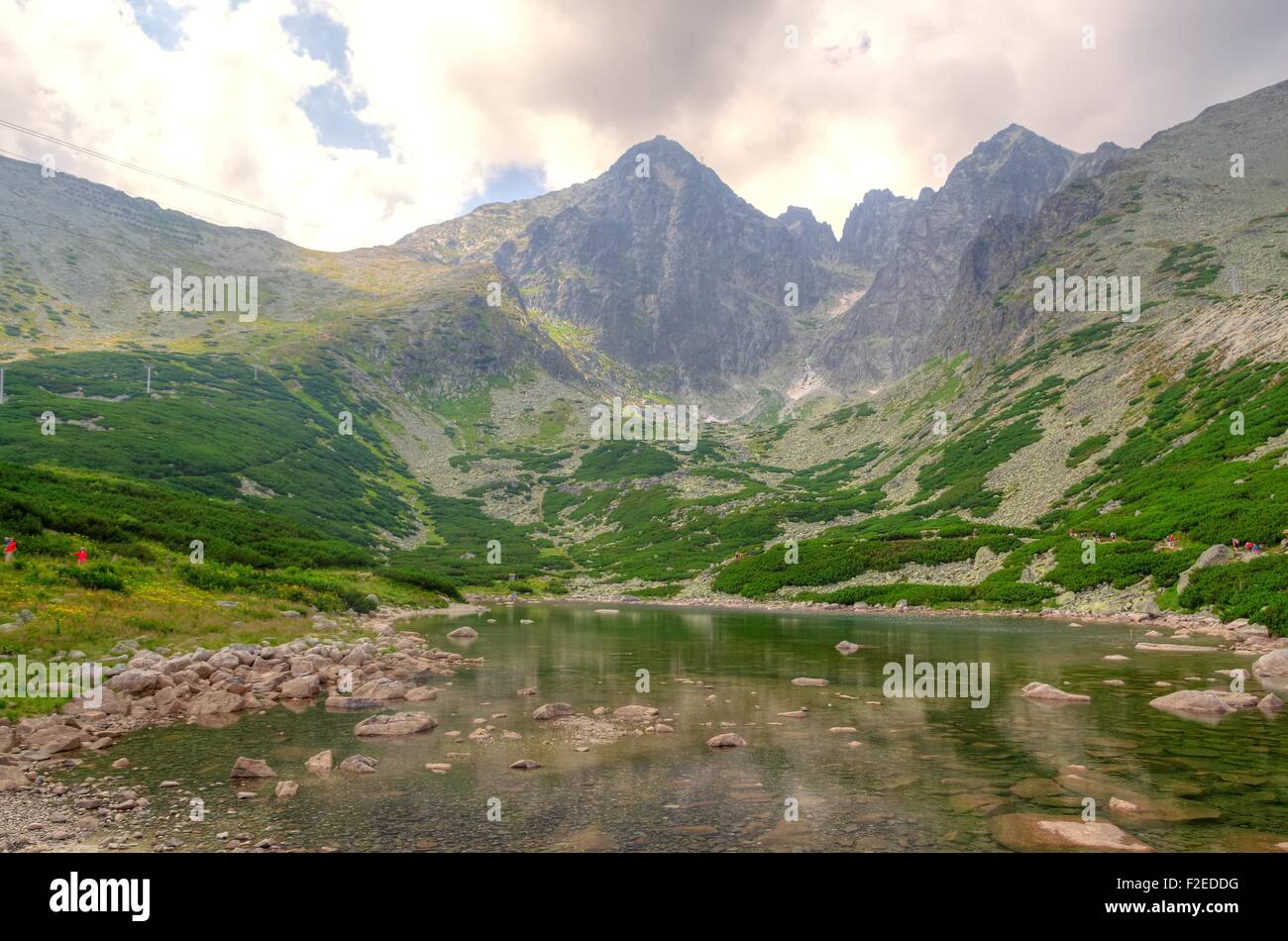 Paesaggio di montagna. Picco di Lomnicky e picco Kezmarsky da Skalnate pleso lago di montagna. Foto Stock