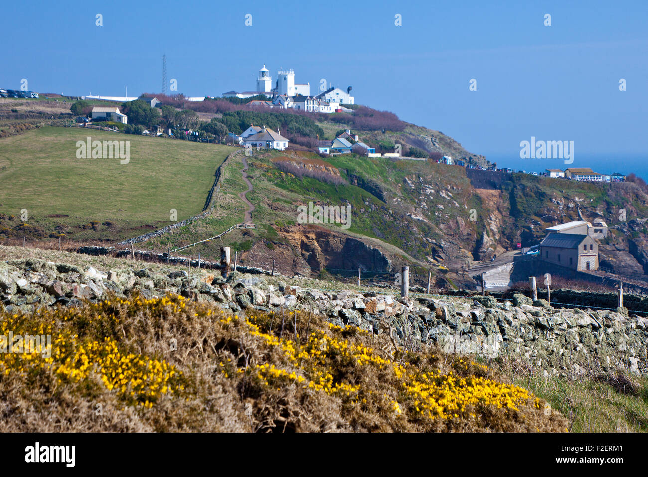 Il drammatico paesaggio costiero e del faro sulla costa SW percorso in corrispondenza di Lizard Point, Cornwall, Regno Unito Foto Stock