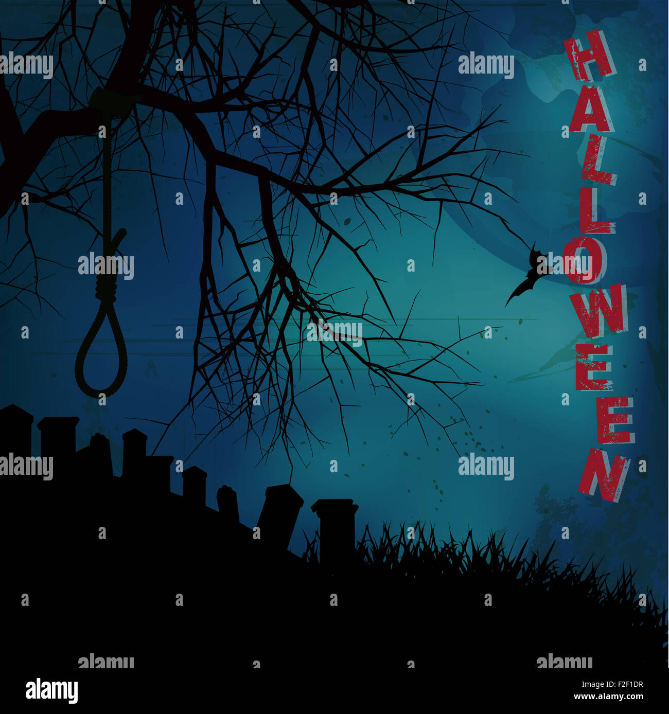 Sfondo di Halloween con albero impiccato cappio testo e cimitero Foto Stock