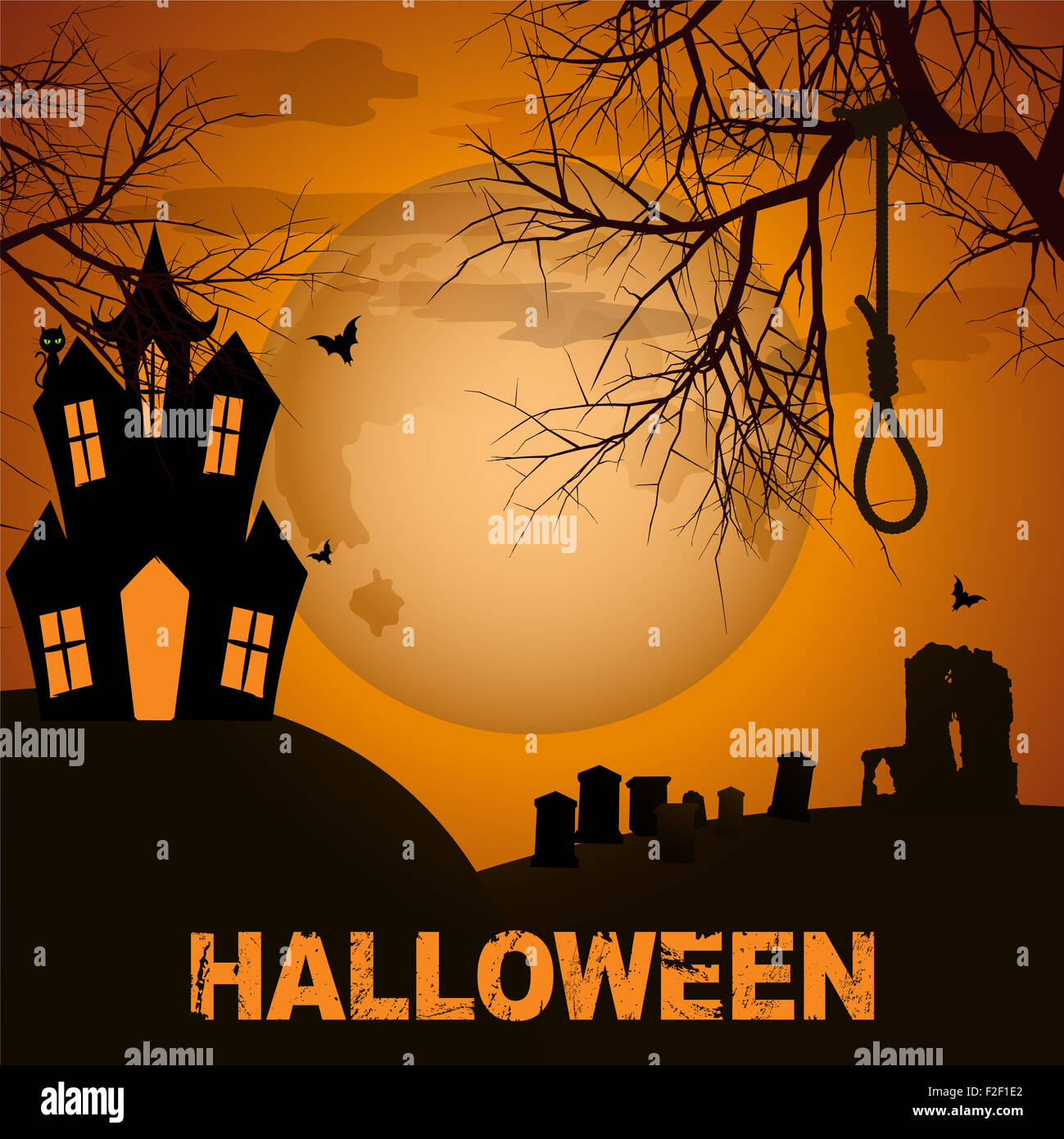 Sfondo di Halloween con cimitero Spooky House e testo Foto Stock