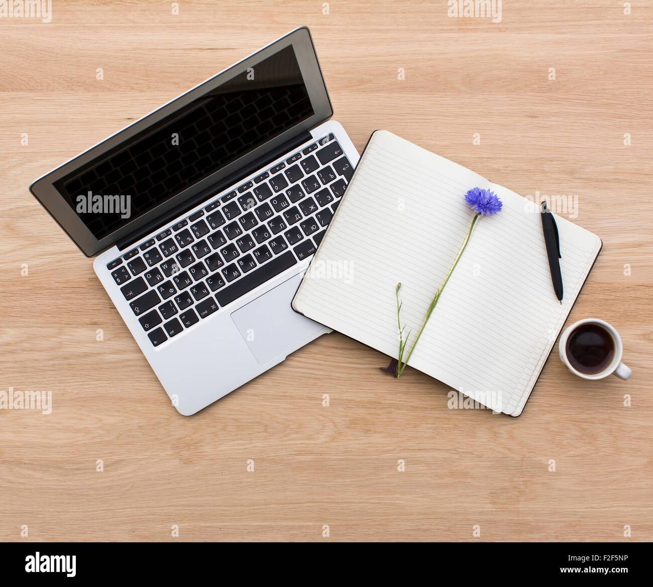 Laptop, notebook con giacente sulla sommità di esso fiordaliso, penna e la tazza di caffè. Vista superiore della texture di legno. Foto Stock