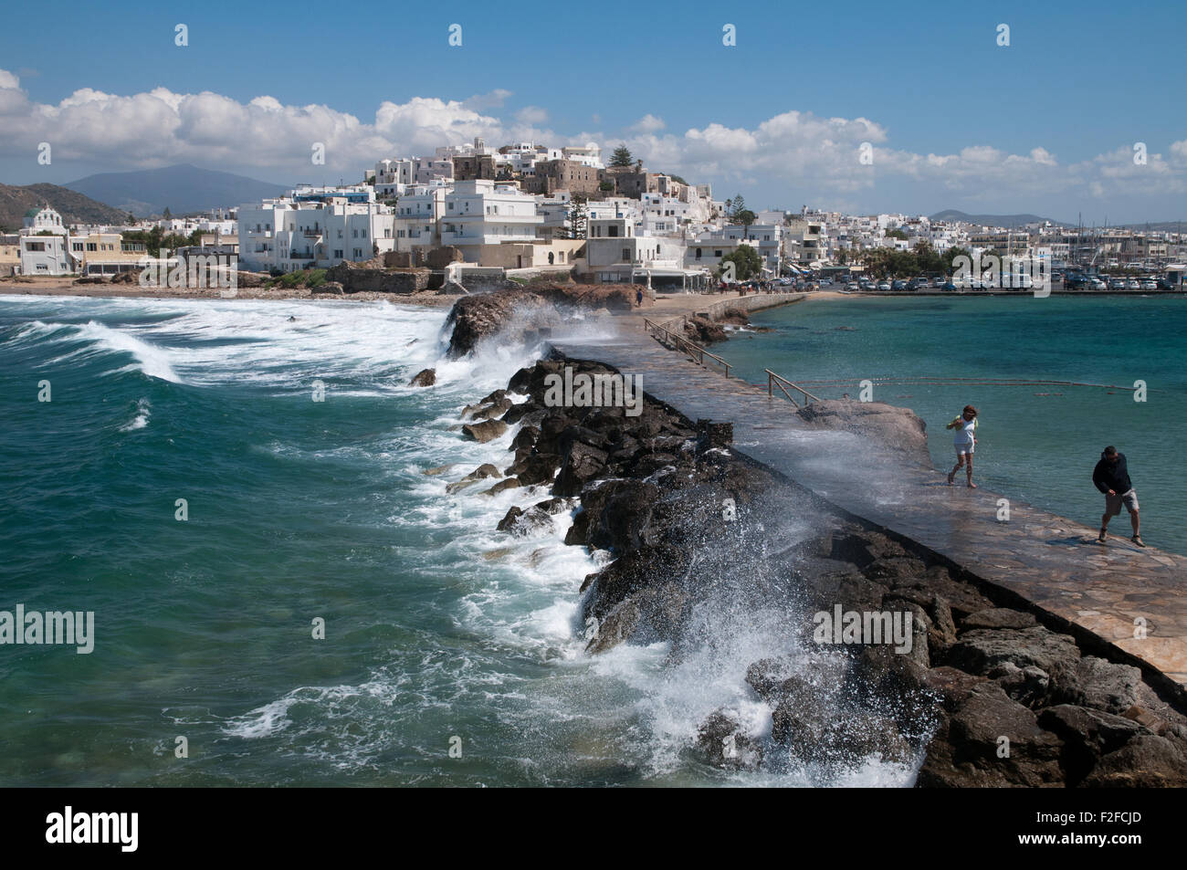 Skyline della città di Naxos, isola greca di Naxos Mar Egeo Foto Stock