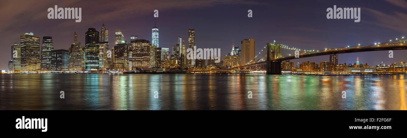 Skyline di Manhattan di notte, New York City immagine panoramica, STATI UNITI D'AMERICA. Foto Stock