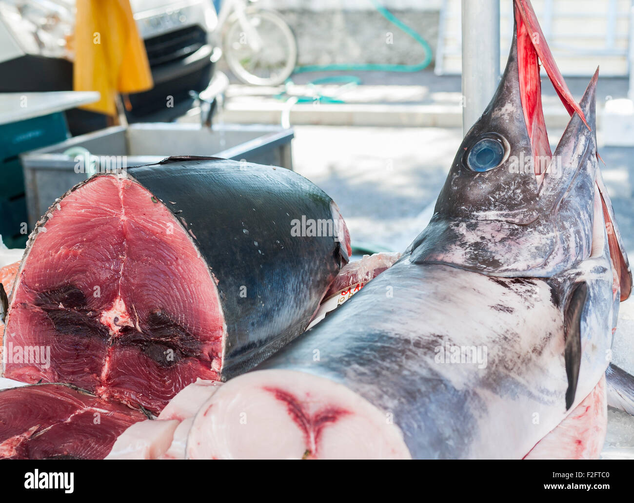 Pesce spada in vendita presso il locale mercato all'aperto. Italia Foto Stock