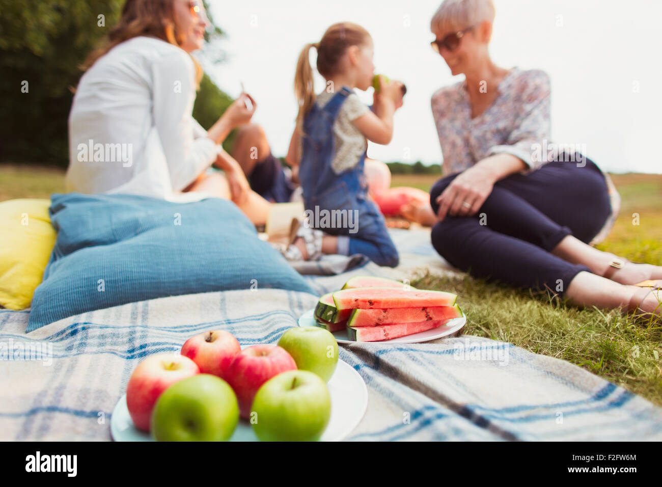 Mele e anguria sulla coperta picnic nei pressi di multi-famiglia di generazione Foto Stock