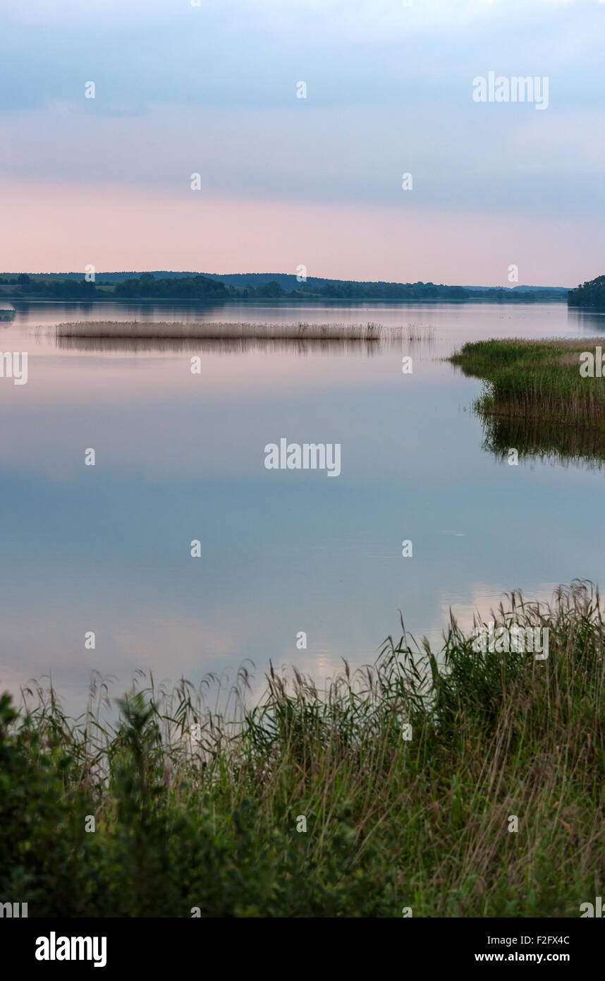 05.08.2011, Glave, Meclemburgo-Pomerania, Germania - Tramonto sulla riva sud del lago in Cracovia top riserva naturale Foto Stock