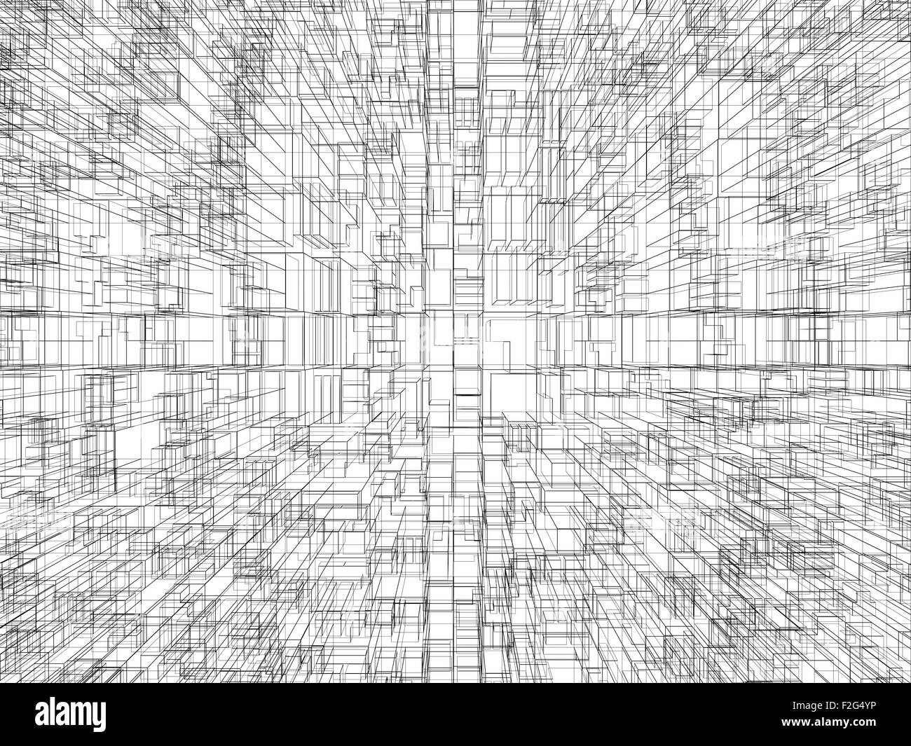 Sfondo digitale con cubi caotica struttura 3D, filo-frame linee su sfondo bianco Foto Stock